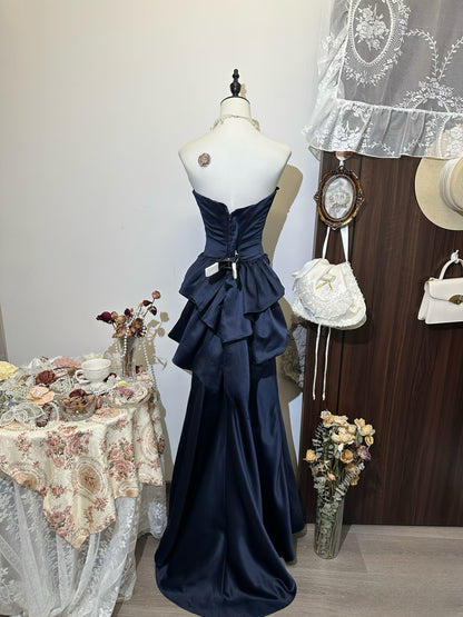 Strapless Navy Blue Mermaid Vintage Prom Dress Evening Party Dress J7987