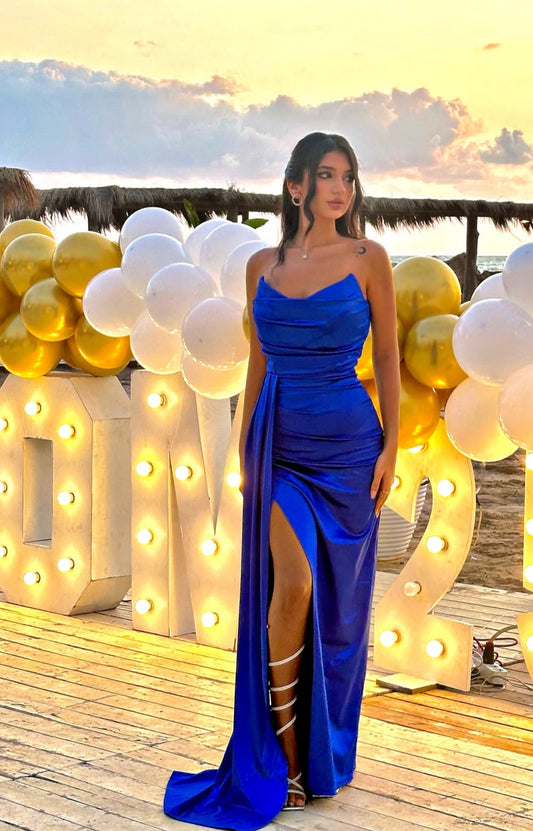 Strapless Sheath Royal Blue Long Prom Dress Satin Evening Dress J7972