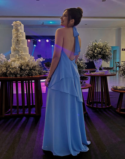 Robe de soirée bleue dos nu pour invité de mariage, coupe trapèze, J7180