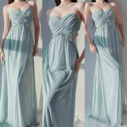 Robe de bal longue en mousseline de soie, coupe trapèze, décolleté en cœur, avec perles, J8422