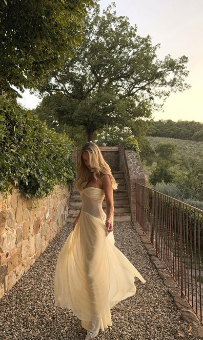 Light Yellow A Line Chiffon Prom Dress Birthday Outfit J7806