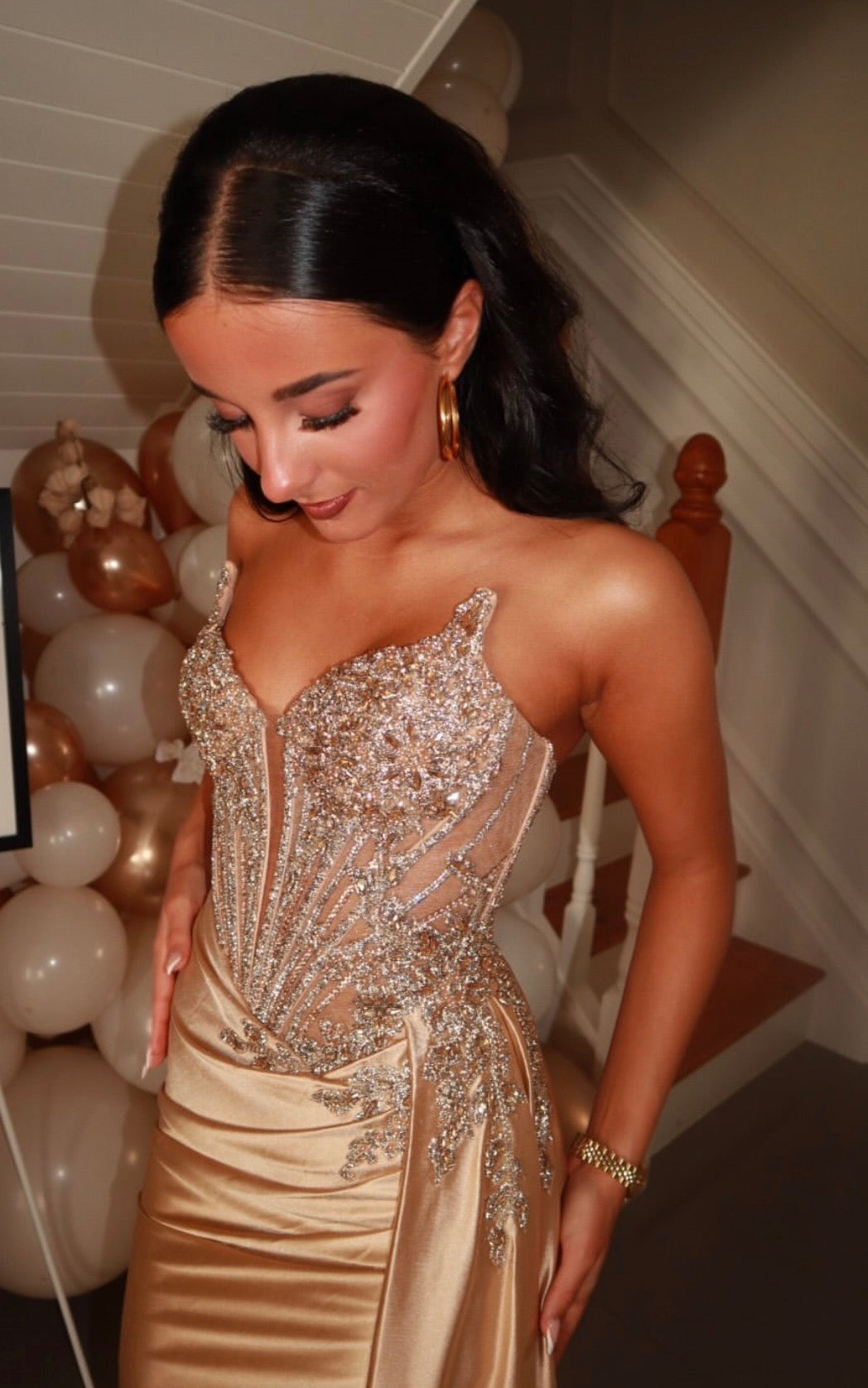 Champagne Mermaid Formal Prom Dress Sequin Beaded Evening Gown J11988
