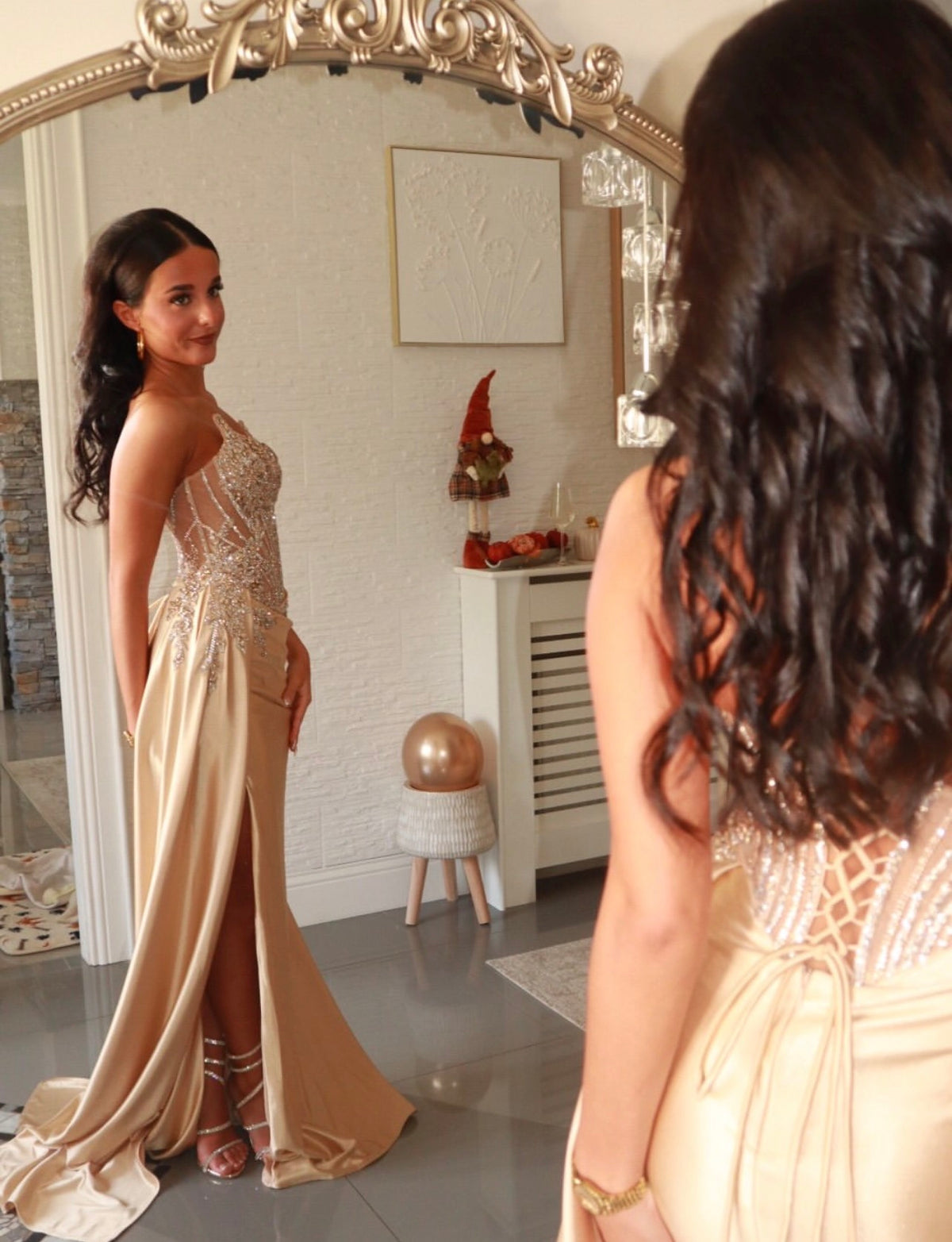 Champagne Mermaid Formal Prom Dress Sequin Beaded Evening Gown J11988