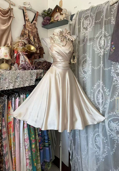 Champagne Satin Short Birthday Dress A Line Retro Homecoming Dress  J11863