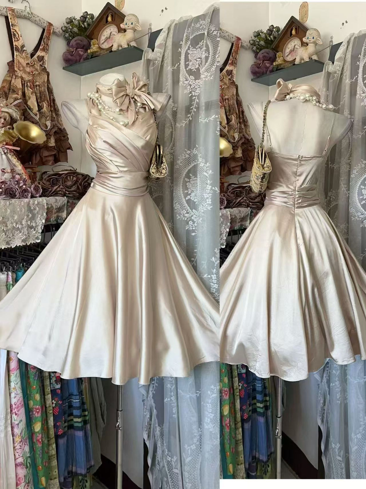 Champagne Satin Short Birthday Dress A Line Retro Homecoming Dress  J11863
