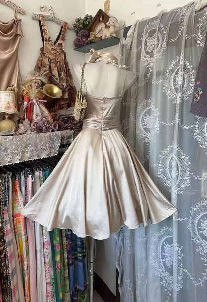Champagne Satin Short Birthday Dress A Line Retro Homecoming Dress  J11863