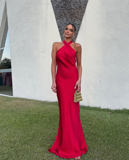 Rotes Meerjungfrau-Abendkleid aus Satin, rückenfrei, formelles Partykleid J7408