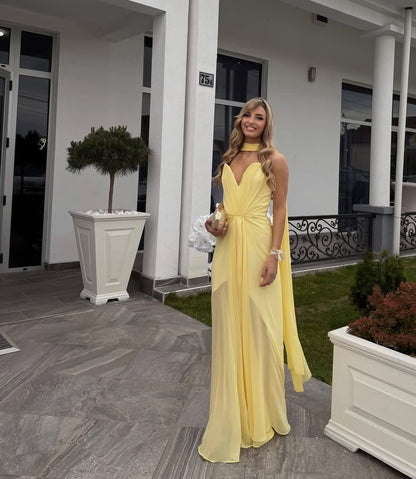 V-Ausschnitt A-Linie Gelbes Hochzeitsgastkleid Formelles Partykleid J7037