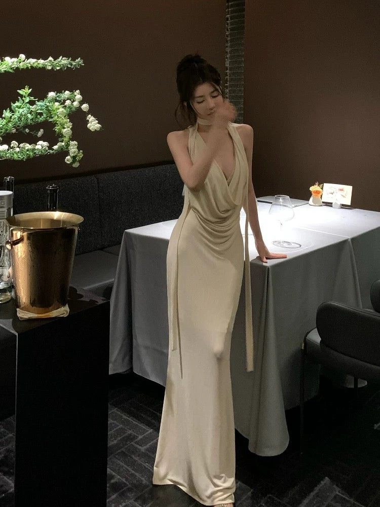 Robe de soirée sexy dos nu en mousseline de soie, robe longue formelle ivoire J7301