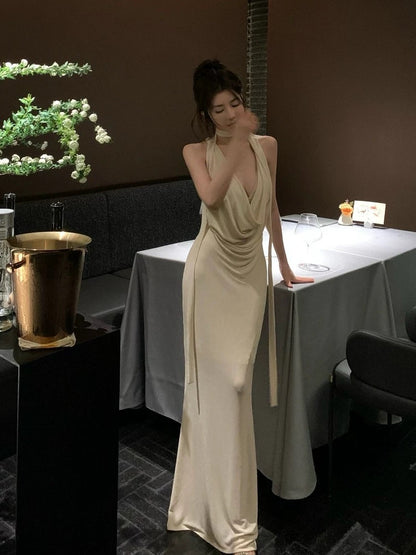 Robe de soirée sexy dos nu en mousseline de soie, robe longue formelle ivoire J7301