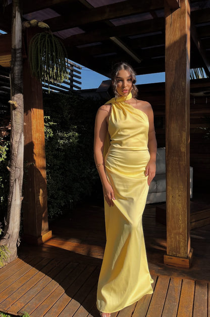 Robe de bal longue sirène jaune dos nu, robe d'invitée de mariage J8057