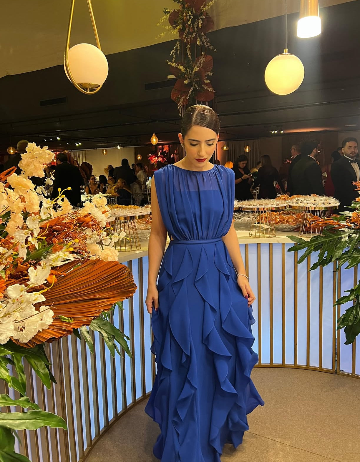 Chiffon Rüschen A-Linie Blau Hochzeitsgastkleid Formelles Partykleid J7197