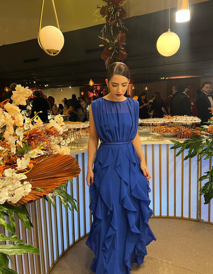 Chiffon Rüschen A-Linie Blau Hochzeitsgastkleid Formelles Partykleid J7197