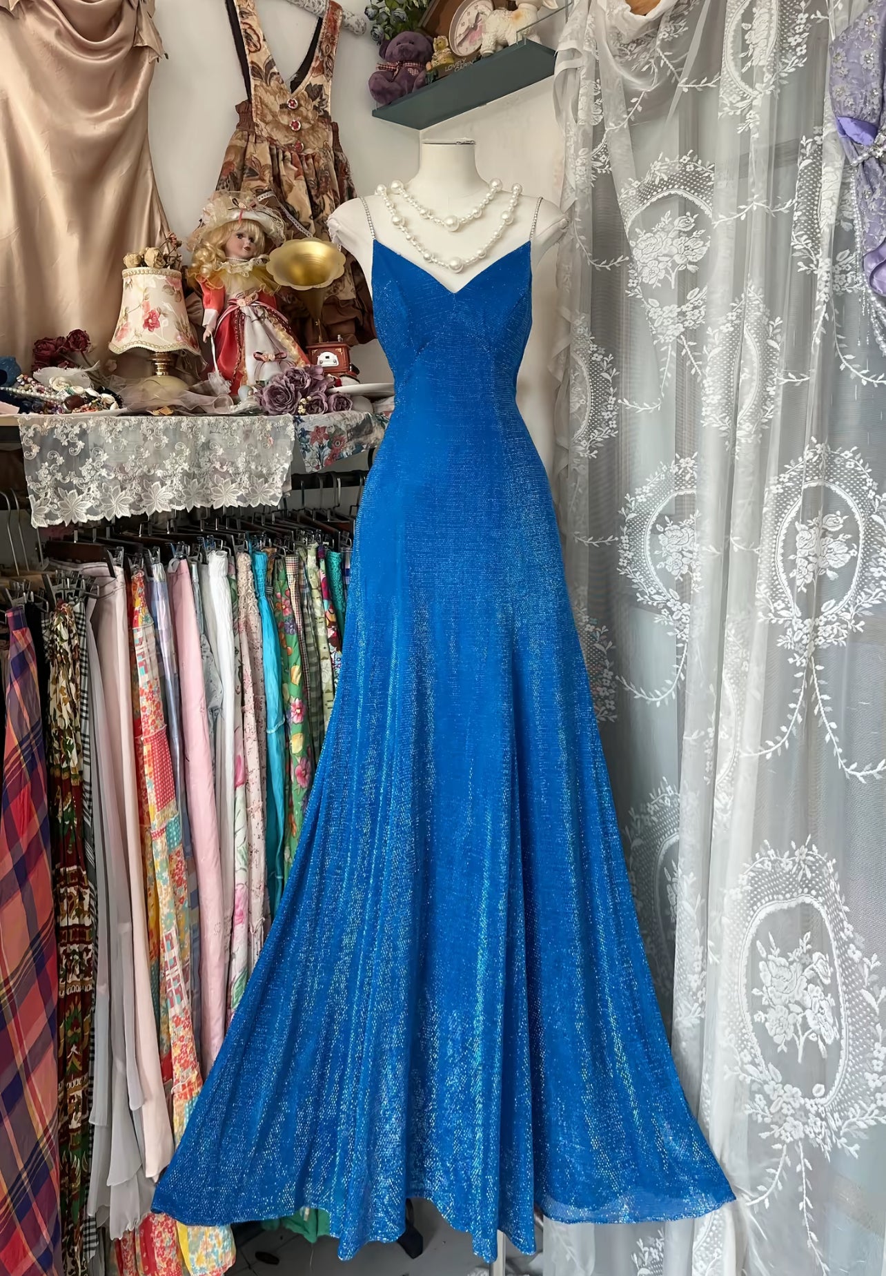 Spaghetti Straps Blue Long Prom Dress Formal Evening Party Gown J8513