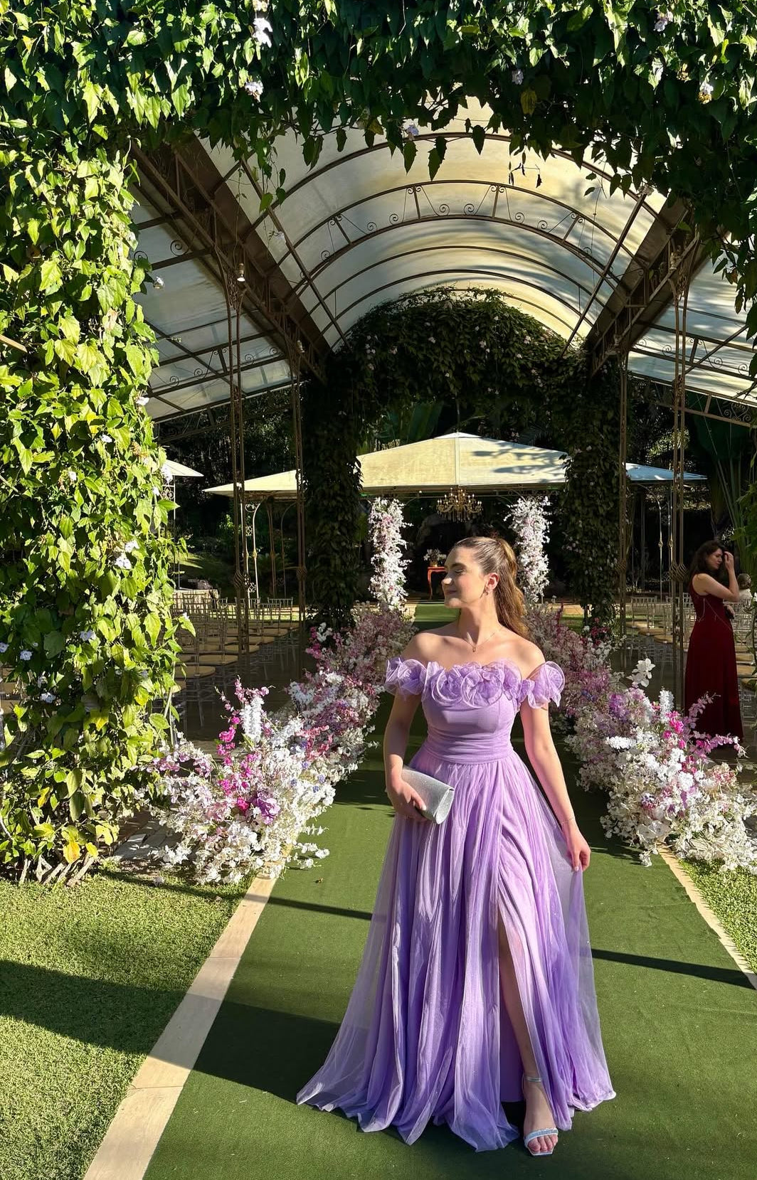 Robe de bal trapèze lavande à épaules dénudées en tulle, robe d'invitée de mariage J7788