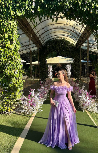Robe de bal trapèze lavande à épaules dénudées en tulle, robe d'invitée de mariage J7788