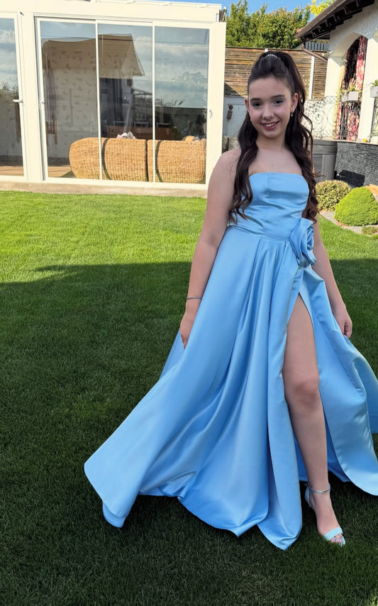 Robe de bal longue bleue sans bretelles, coupe trapèze, fendue, pour invitée de mariage, J7861