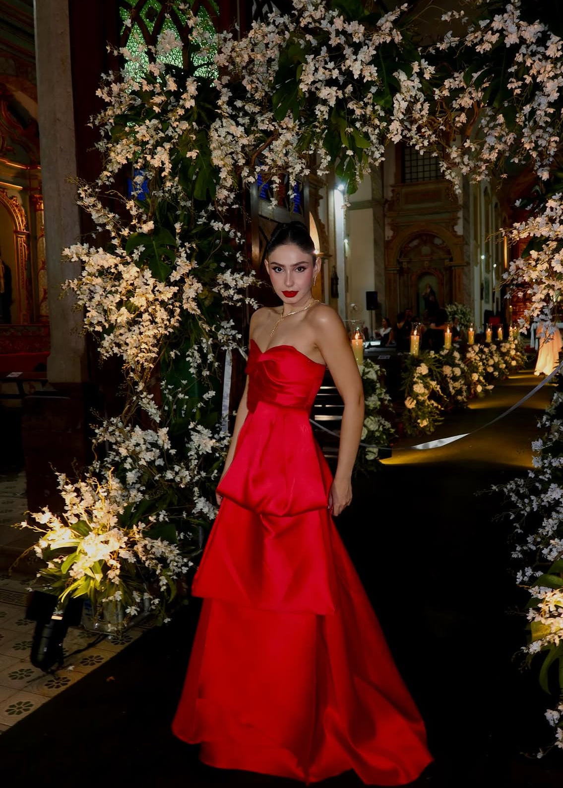 Strapless A Line Red Satin Wedding Guest Dress Tiered Formal Evening Party Dress J7067