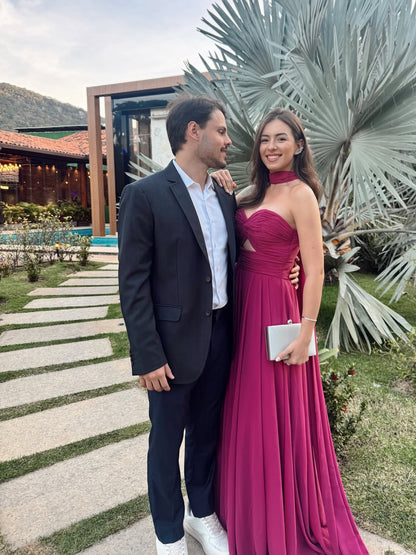 Robe de bal longue fuchsia en mousseline de soie, coupe trapèze, tenue d'invitée de mariage, J8060