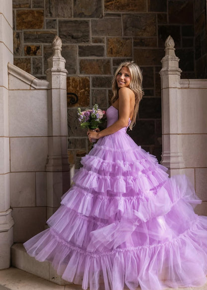 Strapless A Line Lavender Long Prom Dress Tulle Graduation Dress  J7892