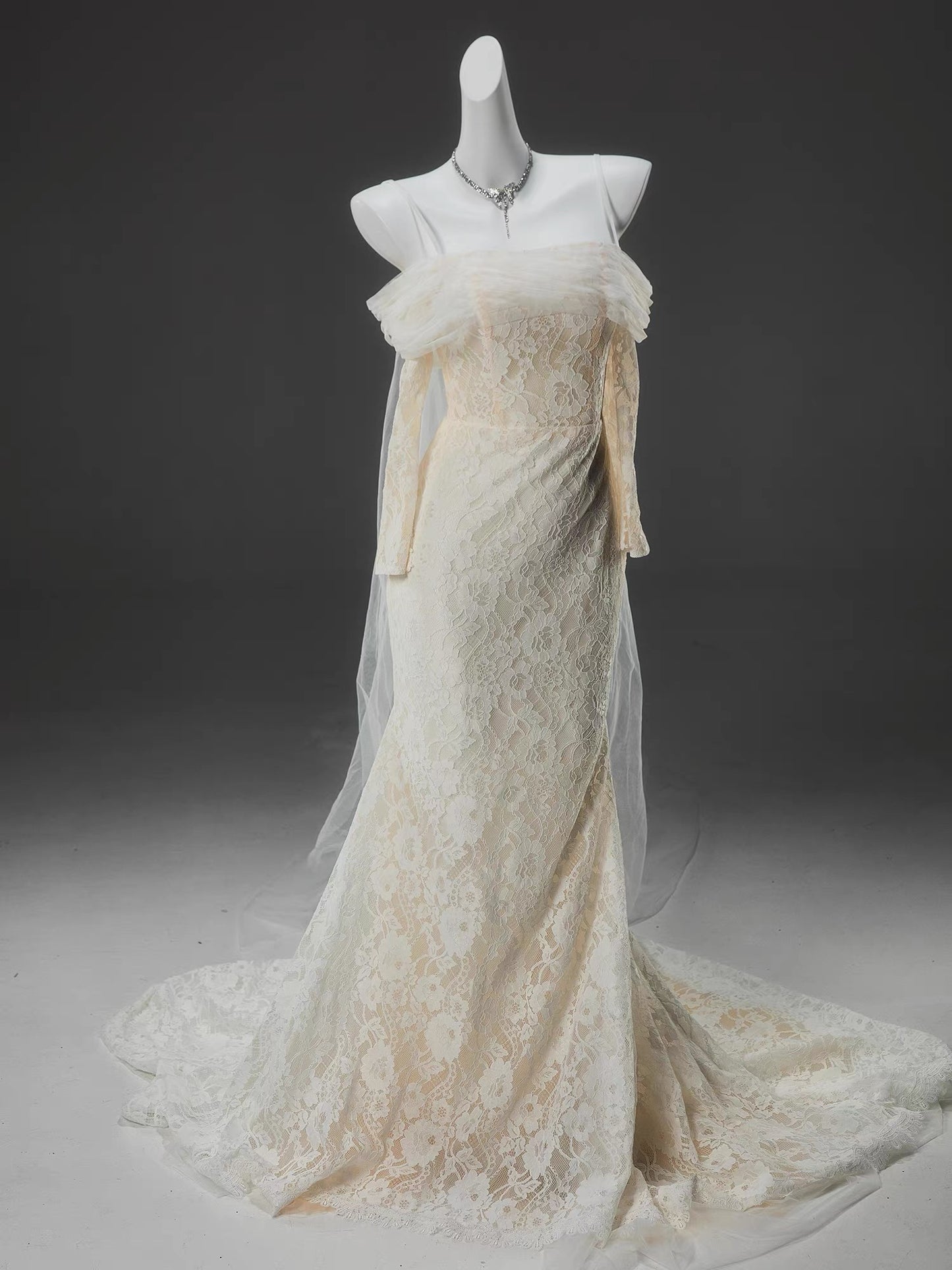 Robe de mariée sirène à épaules dénudées et manches longues en dentelle J8433