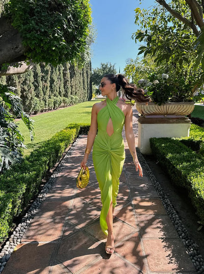 Neckholder Grün Hochzeitsgastkleid Sexy Rückenfreies Abendkleid J7031