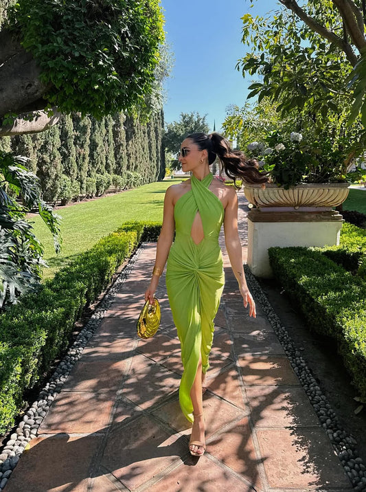 Neckholder Grün Hochzeitsgastkleid Sexy Rückenfreies Abendkleid J7031