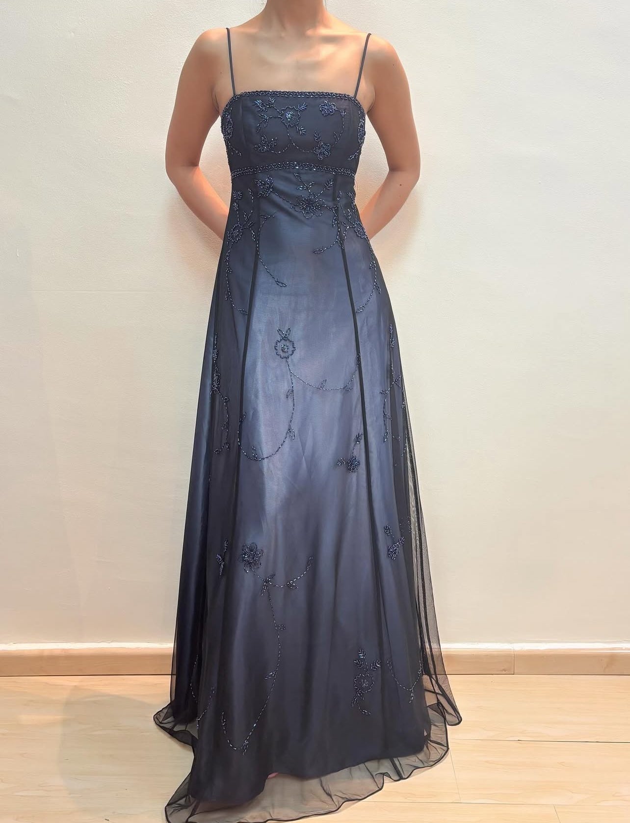 Spaghetti Straps A Line Beaded Blue Vintage Long Prom Dress J8582