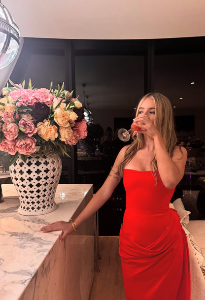 Trägerloses rotes Etuikleid, langes Ballkleid, Geburtstagsoutfit J7824