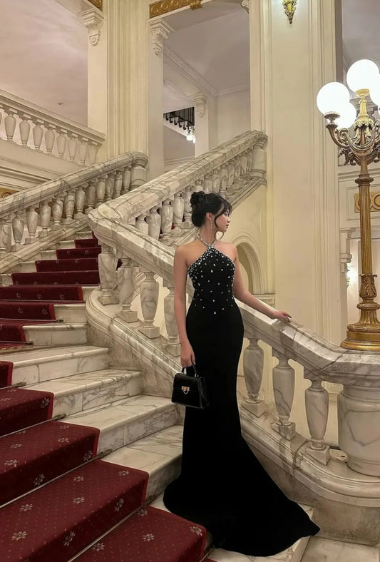 Halter Black Mermaid Beaded Prom Dress Evening Party Dress J7797