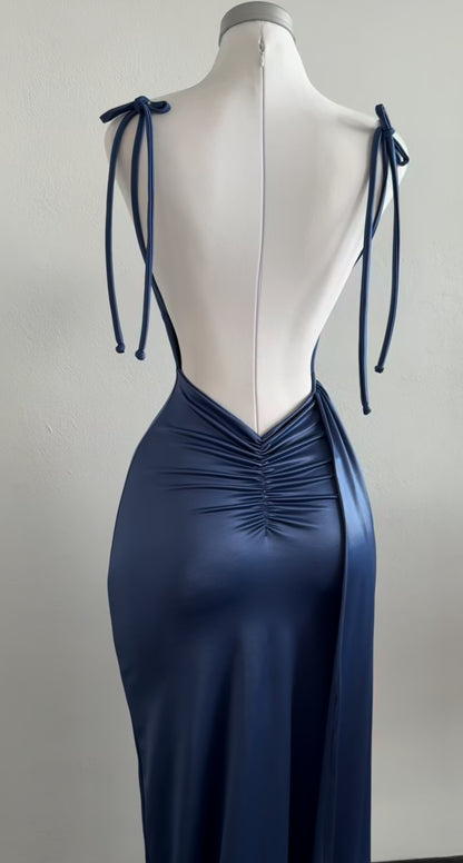 Robe de bal longue en satin bleu à bretelles spaghetti, dos nu, robe de soirée sexy J8595