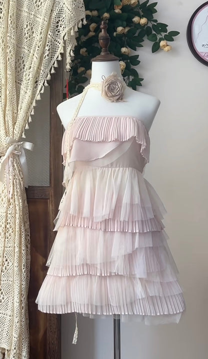 Trägerloses A-Linien-Heimkehrkleid in Rosa mit Plissee, kurzes formelles Partykleid J7061