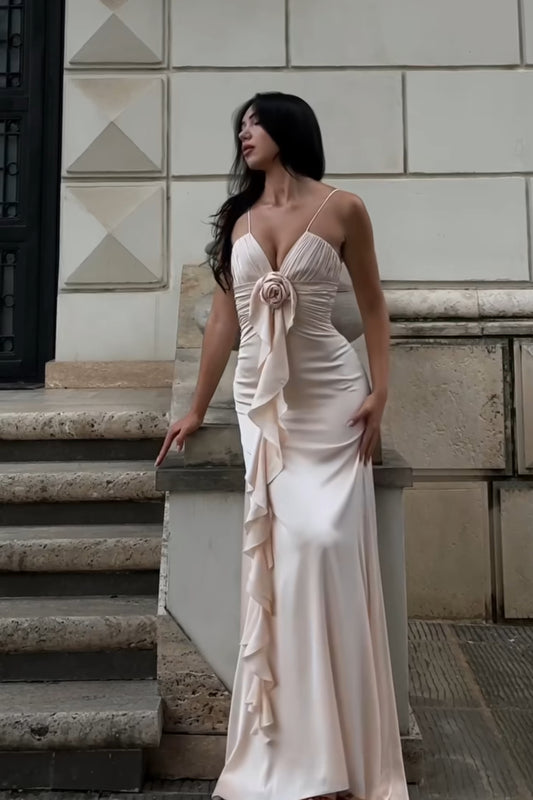 Spaghetti Straps Sheath Long Prom Dress Birthday Dress With Ruffle J7851