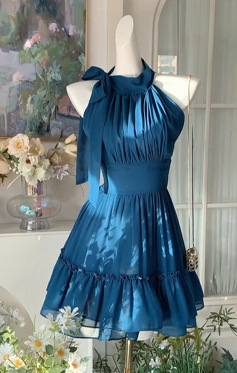 Dark Blue A Line Chiffon Homecoming Dress Ruffled Party Dress  J10966