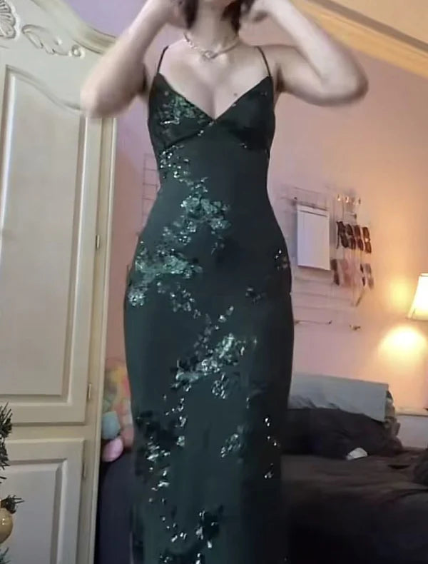 Dark Green Spaghetti-Straps Prom Dress Mermaid Lace-Up Back Evening Dress J9767