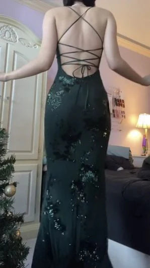 Dark Green Spaghetti-Straps Prom Dress Mermaid Lace-Up Back Evening Dress J9767