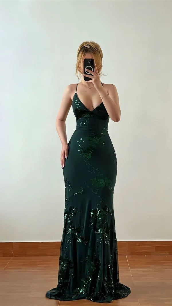 Dark Green Spaghetti-Straps Prom Dress Mermaid Lace-Up Back Evening Dress J9767