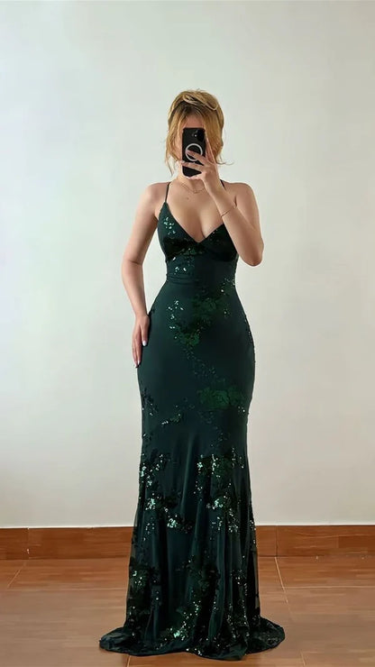 Dark Green Spaghetti-Straps Prom Dress Mermaid Lace-Up Back Evening Dress J9767