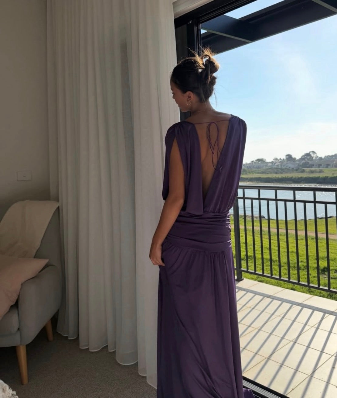 Deep V Neck Purple Wedding Guest Dress Formal Evening Gown  J12091