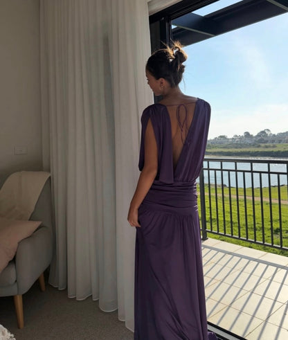 Deep V Neck Purple Wedding Guest Dress Formal Evening Gown  J12091