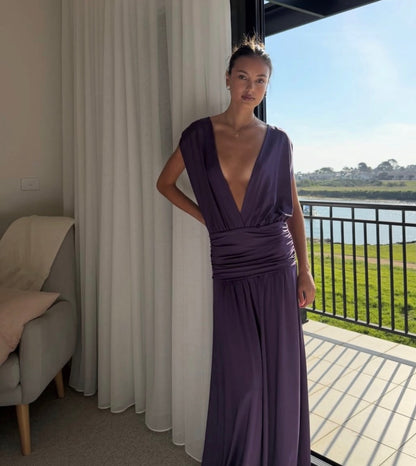 Deep V Neck Purple Wedding Guest Dress Formal Evening Gown  J12091
