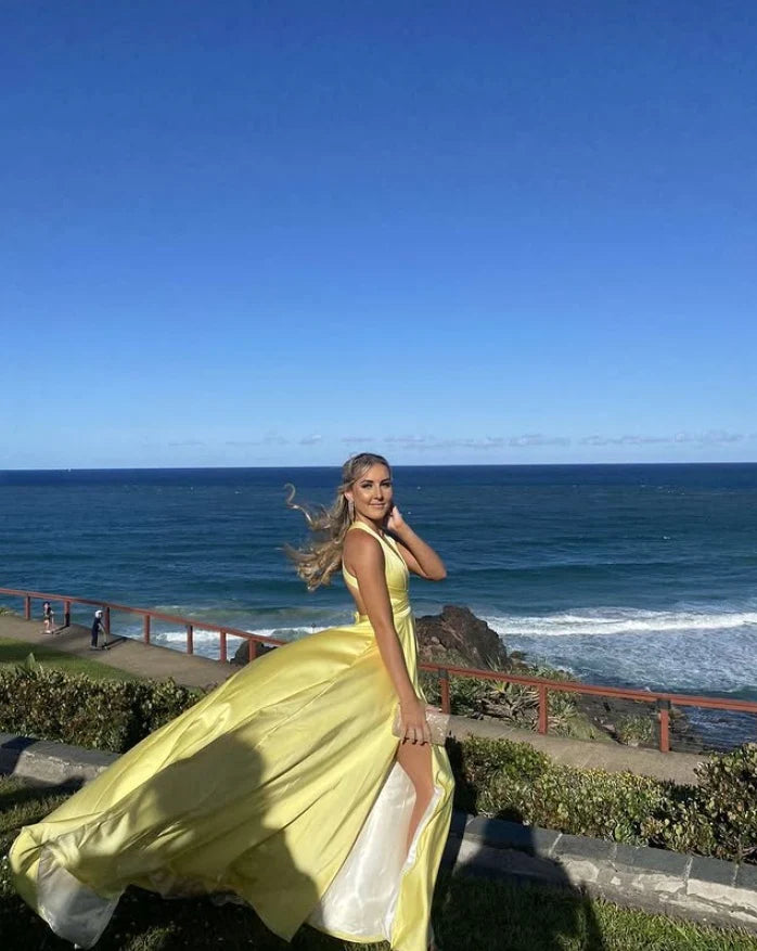 Deep V Neck Yellow A Line Long Prom Dress With Slit 2460
