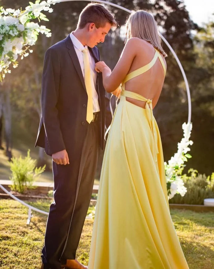 Deep V Neck Yellow A Line Long Prom Dress With Slit 2460
