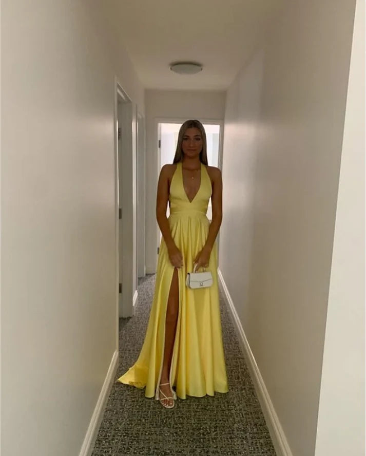 Deep V Neck Yellow A Line Long Prom Dress With Slit 2460