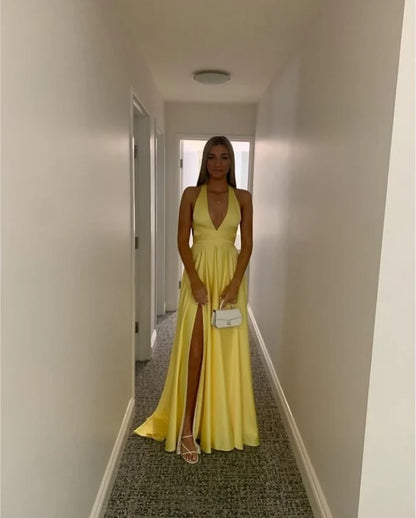 Deep V Neck Yellow A Line Long Prom Dress With Slit 2460