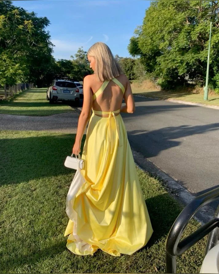 Deep V Neck Yellow A Line Long Prom Dress With Slit 2460