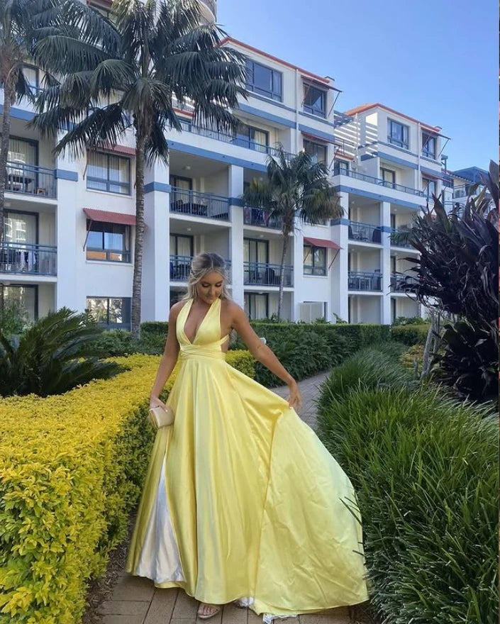 Deep V Neck Yellow A Line Long Prom Dress With Slit 2460