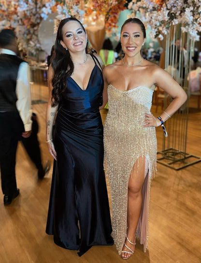 V Neck Navy Blue Long Prom Dress Slit Wedding Guest Dress J7921