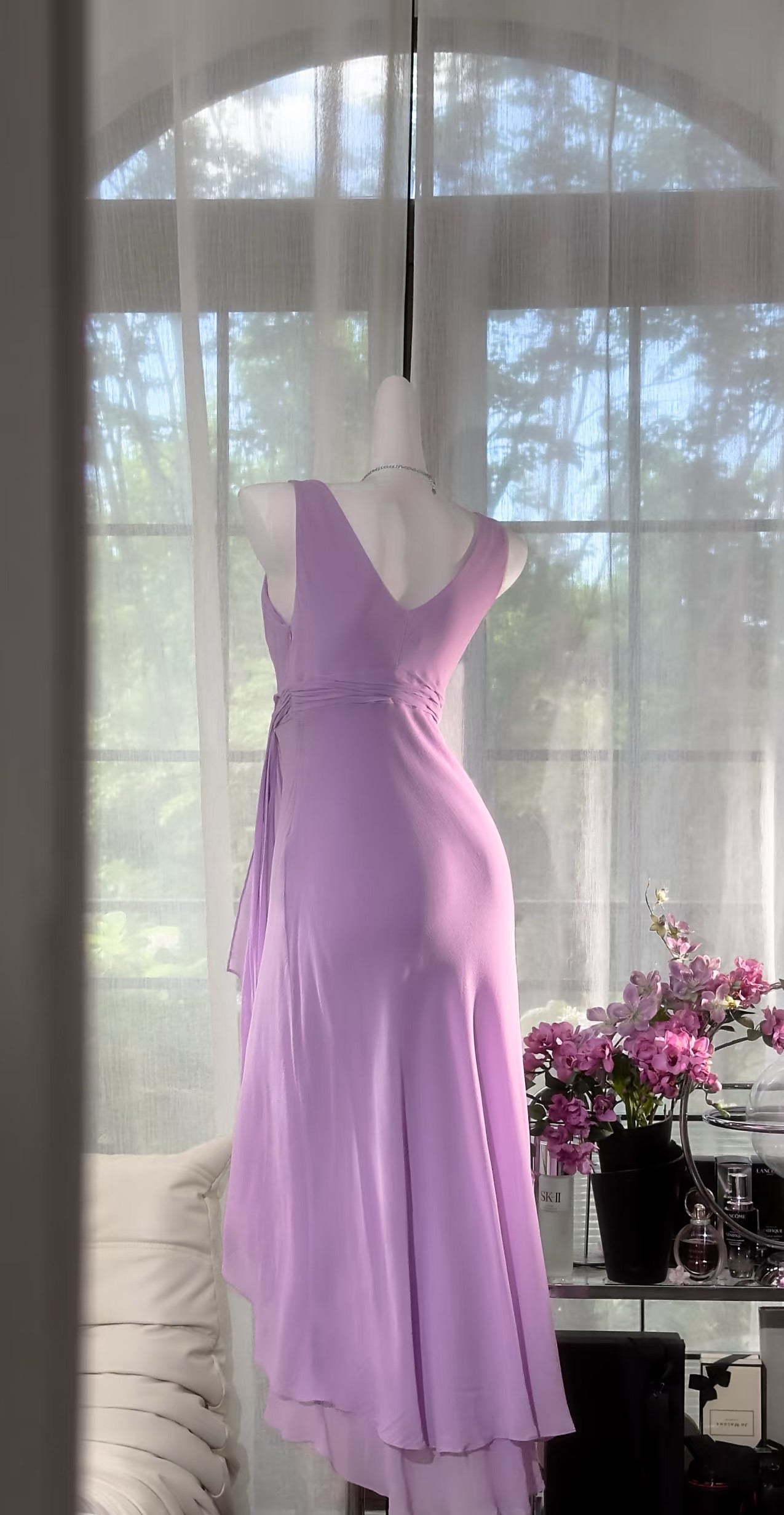 Robe de bal en mousseline de soie lavande à col en V, robe de soirée formelle J7938