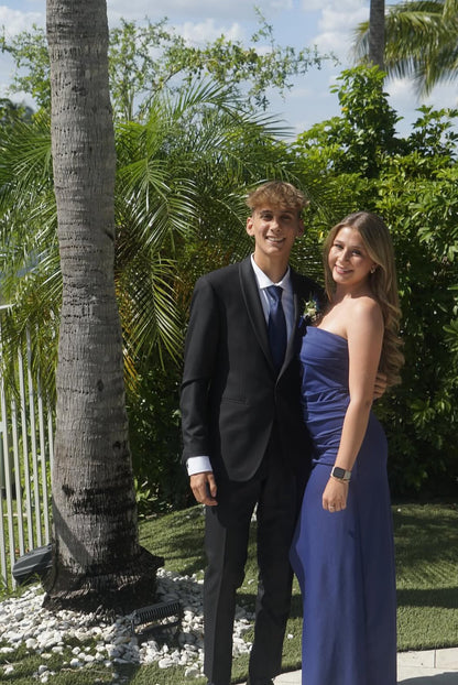 Trägerloses, marineblaues, langes Ballkleid aus Satin, Abschlusskleid J7969